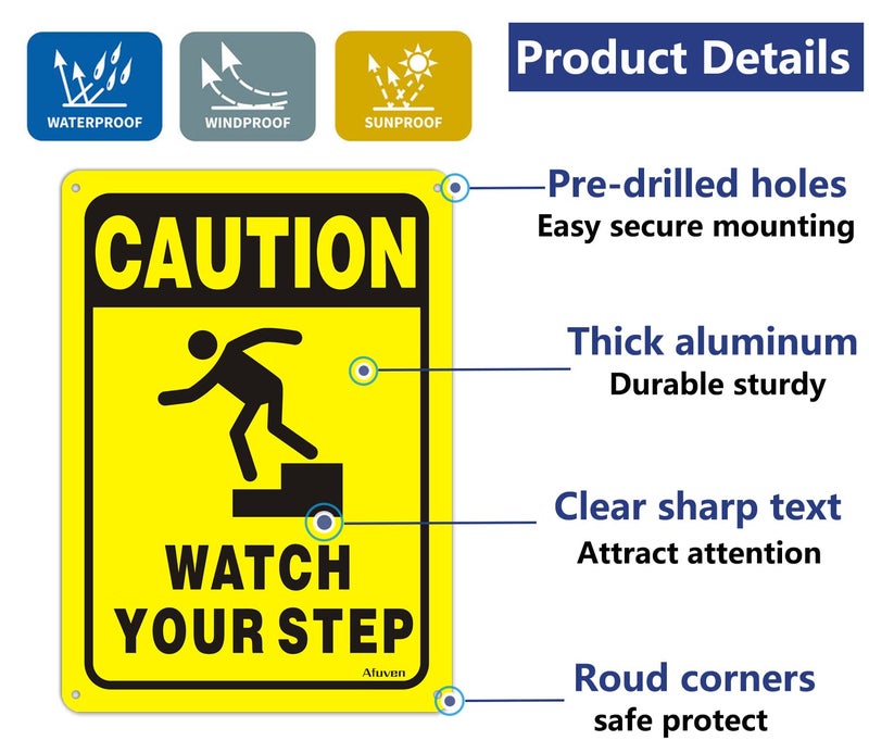 Afuven Caution Watch Your Step Signs 10" x 7" Metal for Stairs Workplace Home Business Safety Wet Floor Caution,Help Prevent Public Areas Indoor Outdoor Falls Sign Rust Free Aluminum Outdoor Use 2 Pack - Image 3